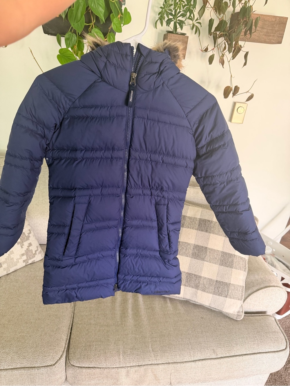 Marmot Navy Kids Hooded Puffer with Faux-Fur Trim